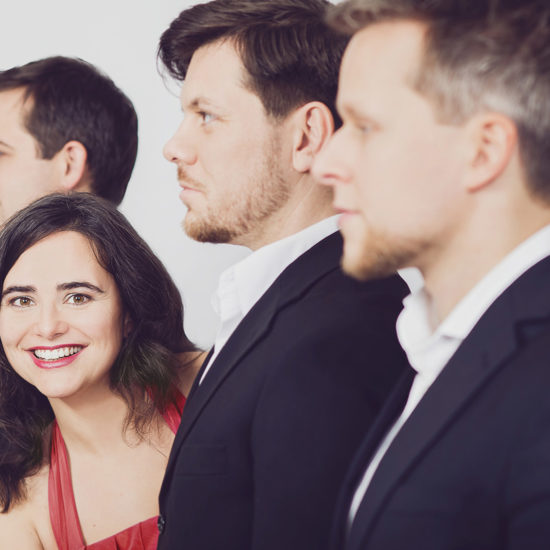 Die Sängerin der Hochzeitsband Adlips schaut in die Kamera, während ihre Livemusiker nach links schauen