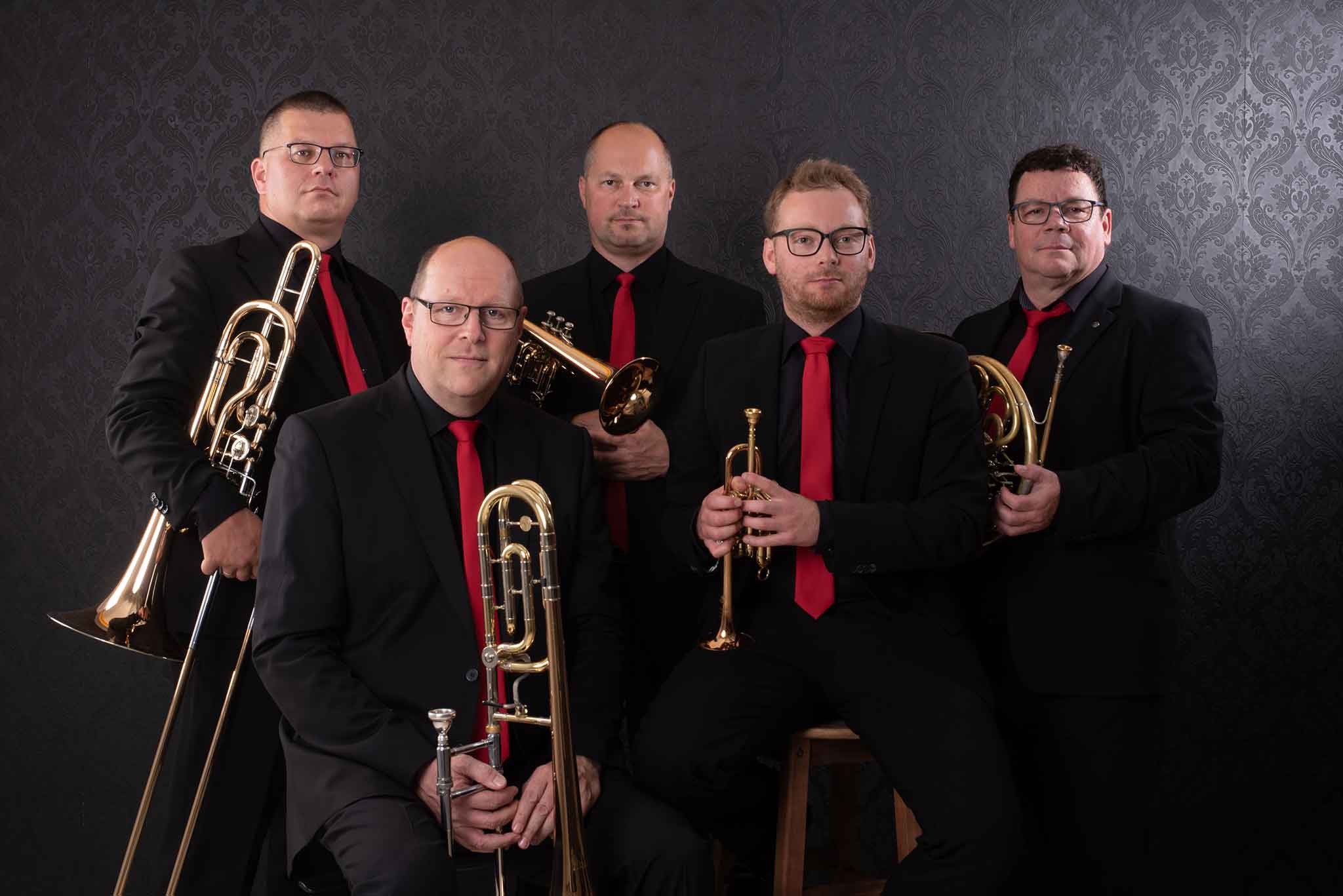 Dresden Brass Quintett mit Trompete, Posaune, Horn und Tuba.