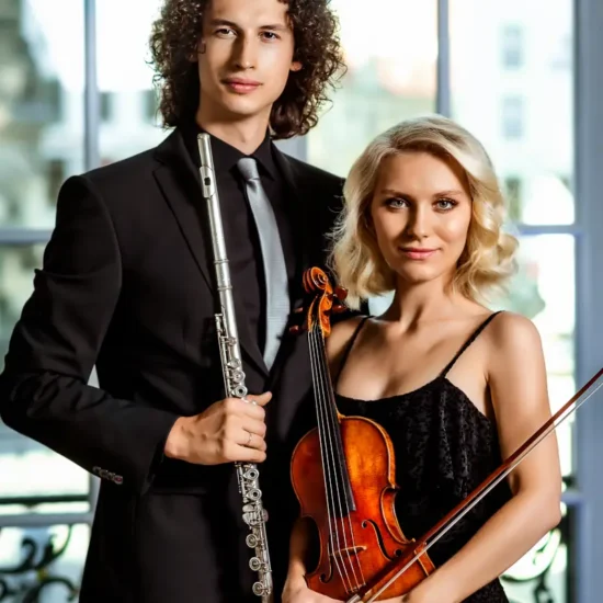 Elegantes Musikerduo mit Violine und Querflöte vor dunkelrotem Hintergrund – klassisches Konzertduo in Abendgarderobe