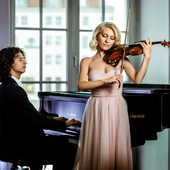 Professionelles klassisches Duo aus Violinistin und Pianist in festlicher Kleidung für Konzert- und Eventauftritte
